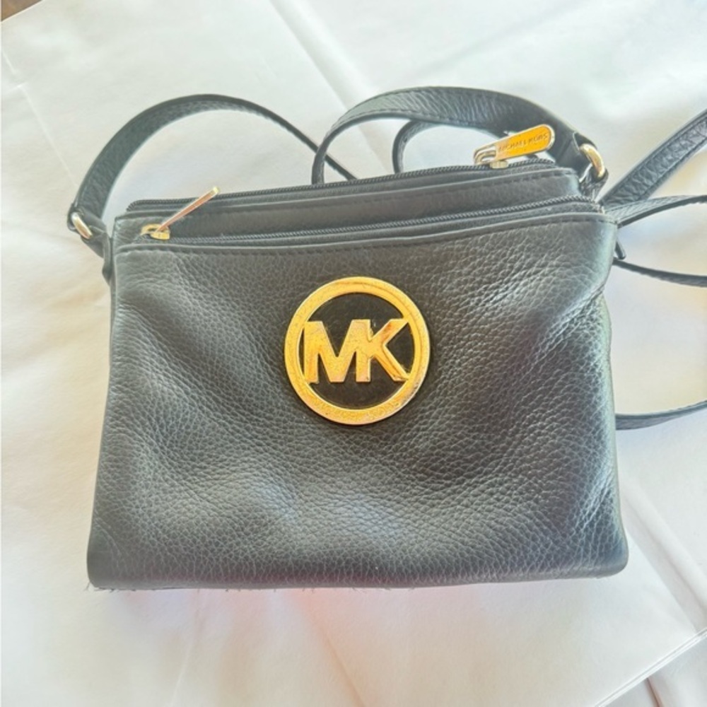 Michael Kors Black Leather Crossbody with Gold Accents